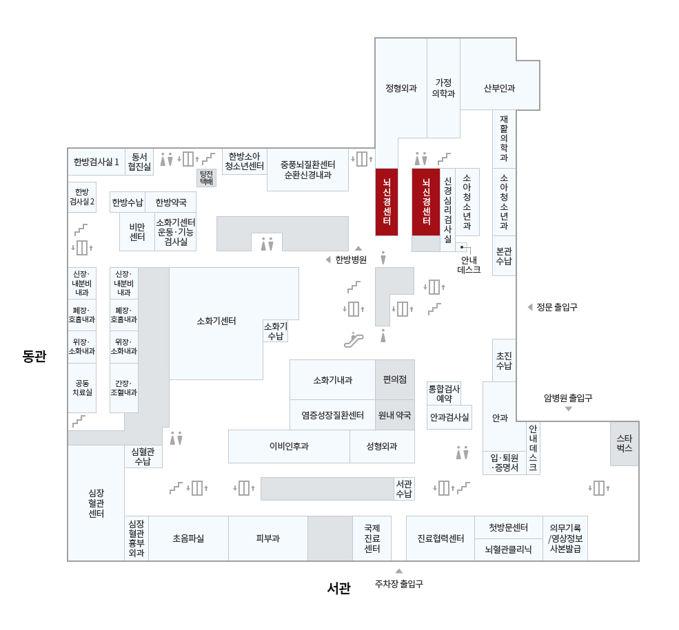 정문출입구 기준으로 로비에서 오른쪽으로 돌아 신경심리검사실 왼편에 뇌신경센터 가 나옵니다.