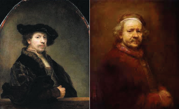 젊은 시절 자화상(1640년) 노년 시절 자화상(1669년)